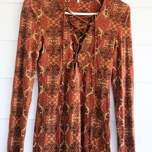 Free People Lace Up Long Sleeve Patterned Shirt